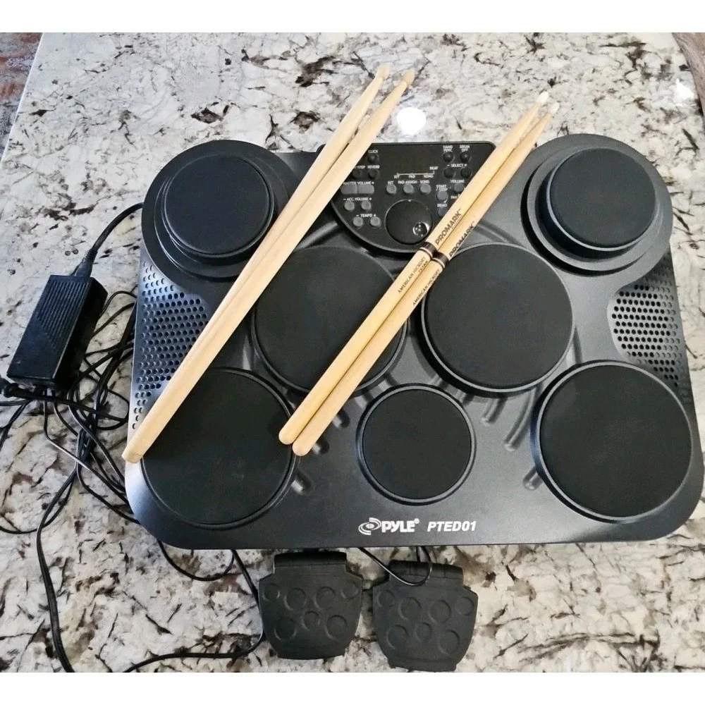 Pyle Portable Tabletop Drum Set PTED01, 7 Pad Digital Kit Touch Pedals